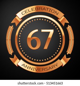 Sixty seven years anniversary celebration with golden ring and ribbon.