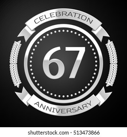 Sixty seven years anniversary celebration with silver ring and ribbon on black background. Vector illustration