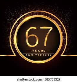 sixty seven years birthday celebration logotype. 67th anniversary logo with confetti and golden ring isolated on black background, vector design for greeting card and invitation card.