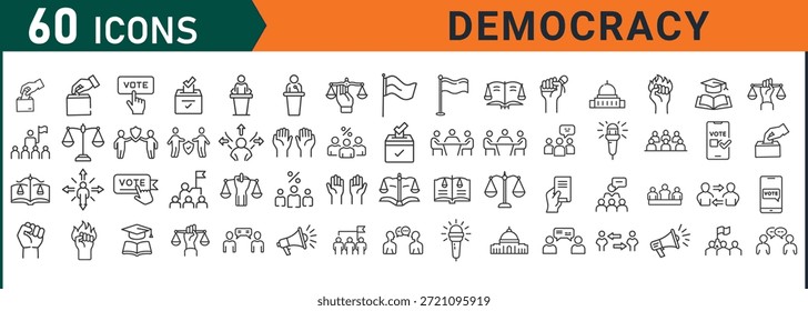 Sesenta iconos simples en blanco y negro que simbolizan la democracia y el gobierno colocados ordenadamente en una formación de cuadrícula sobre un fondo blanco limpio, transmitiendo conceptos de política, votación y activismo social de manera efectiva.