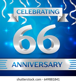 Sixty six Years Anniversary Celebration Design. Confetti and silver ribbon on blue background. Colorful Vector template elements for your birthday party. Anniversary ribbon