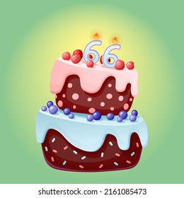 Sixty six years birthday cake with candles number 66. Cute cartoon festive vector image. Chocolate biscuit with berries, cherries and blueberries. Happy Birthday illustration