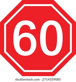 Icono de límite de velocidad de sesenta, señal de tráfico de octágono rojo para seguridad de transporte, regulación de vehículos, advertencia vial y control de restricción de conducción