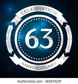 Sixty three years anniversary celebration with silver ring and ribbon on blue background. Vector illustration