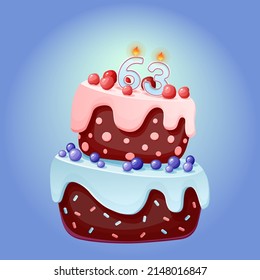 Sixty three years birthday cake with candles number 63. Cute cartoon festive vector image. Chocolate biscuit with berries, cherries and blueberries. Happy Birthday illustration