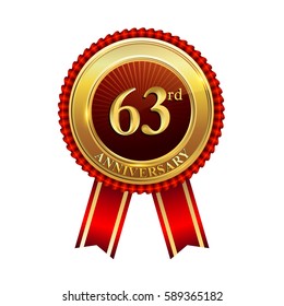 sixty three years birthday celebration logotype. 63rd years anniversary golden badge with red ribbons isolated on white background, vector design for greeting card, banner and invitation card.