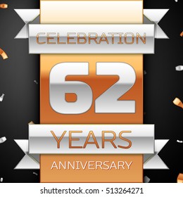 Sixty two years anniversary celebration golden and silver background. Anniversary ribbon