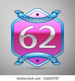 Sixty two years anniversary celebration silver logo with blue ribbon and purple hexagonal ornament on grey background.