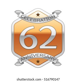 Sixty two years anniversary celebration silver logo with silver ribbon and golden hexagonal ornament on white background.