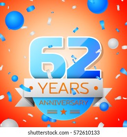 Sixty two years anniversary celebration on orange background. Anniversary ribbon