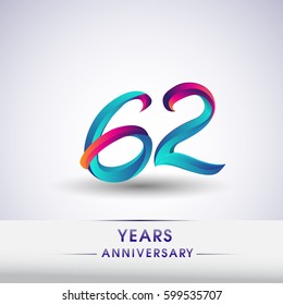 sixty two years anniversary celebration logotype blue and red colored, 62nd birthday logo on white background
