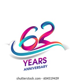 sixty two years anniversary celebration logotype blue and red colored. 62nd birthday logo on white background.