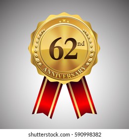 sixty two years anniversary logotype, with golden badge and red ribbon, vector elements for birthday celebration
