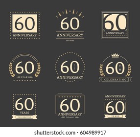 Sixty years anniversary logotypes and badges. 60th anniversary logo set.