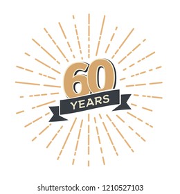 Sixty years anniversary retro vector emblem isolated template. Vintage logo sixtieth 60th years with ribbon and fireworks on white background