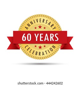 Sixty years anniversary, sixtieth anniversary celebration gold badge icon logo vector graphic design