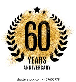 Sixty years gold anniversary symbol. 20th twenties. Golden glitter icon celebration for flyer, poster, banner, web header. Yellow sparkles event logo. Shine blur logotype.