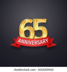 Sixty-five anniversary logo template. 65th years celebrating golden numbers with red ribbon vector design elements
