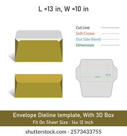 Size 13x10 in, Envelope Dieline template, With 3D Box,