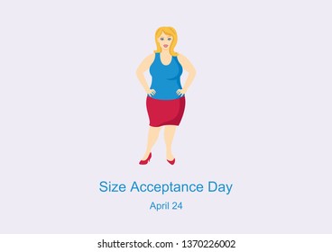 Size Acceptance Day vector. International No Diet Day. Curvy woman vector. Cheerful fat woman illustration. Happy plus size fashion model in a red skirt vector