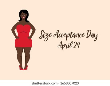 Vector de día de aceptación de tamaño. Día Internacional Sin Dietas. Vector curvado afro americano. Modelo de moda feliz más grande en un vector de vestimenta roja. Atractiva chica negra con tacones altos