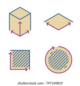 Size, area, square concept line icons. Volume, capacity, acreage linear symbols and pictograms. Size and square dimension and measuring vector outline icon set. Thin contour infographic elements.