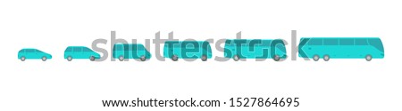 The size of the bus transfer variation. Transportation of people. Choose yours transport. Quantity passengers cars. Blue vector icons set.