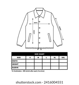 Size Chart coach jacket vector illustration flat design outline clothing