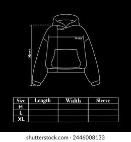 Size chart for hoodie crop top that can be edited as needed. This design is for fashion brands, selling products, templates, advertisements, and others.