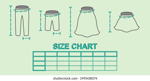 Size chart for men's and women's bottoms, short or long. With lines for the height, width and overall size of the garment. Can be edited as needed.