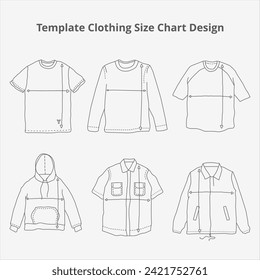 size chart vector design template with many variations. t shirts, hoodie, coach jackets, long sleeves, raglan, work shirt.