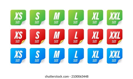 Size clothes tag set in flat style on red background. Vector flat illustration. Set collection.