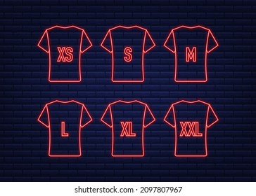 Size clothes tag set in neon style on red background. Vector flat illustration. Set collection.