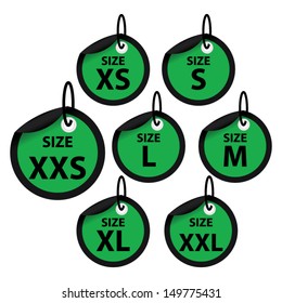 Size clothing green labels. Vector. 