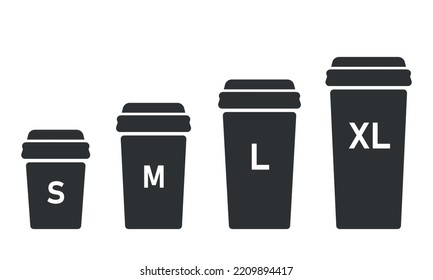 Size of coffee cup set. Small, medium and large take away drink. Vector illustration on white background Silhouette
