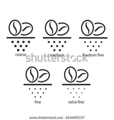 size of coffee grain grind, set icons, different grinding from coarse to fine, coffee grinder icon, linear vector illustration