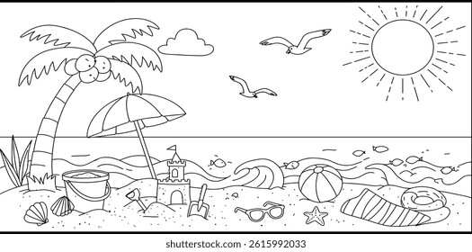 size coloring page for kids or adults. summer beach scene