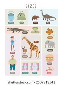 Size Comparisons: Fun English Learning Poster for Children, Cartoon Visuals, Tall vs Short, Fat vs Thin, Big vs Small, Educational Art