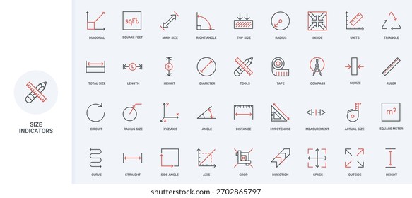 Tamanho, setas de dimensão e instrumentos para medir comprimento e altura, ponteiros conjunto de ícones de linha. Fita de medição, bússola e régua com escamas fino preto e vermelho símbolos de contorno ilustração vetorial