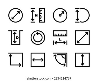 Size, Distance and Length line vector icons. Measurement, Math and Geometry terminology editable stroke outline icon set.