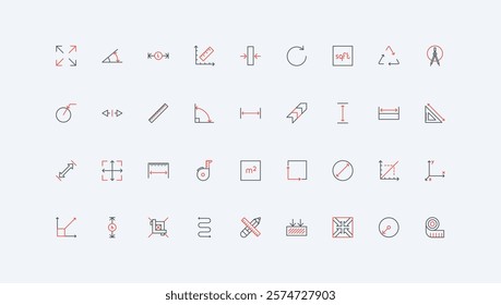 Size and distance, length and width, depth measure, scaling arrows, measurement guide line icon set. Pointers and tape, ruler with scales thin black and red outline symbols vector illustration