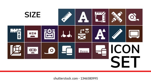 size icon set. 19 filled size icons.  Collection Of - Ruler, Measure, Tape, Tape measure, Responsive, Web size, Brassiere, Font, Big screen, Angle, Measuring tape