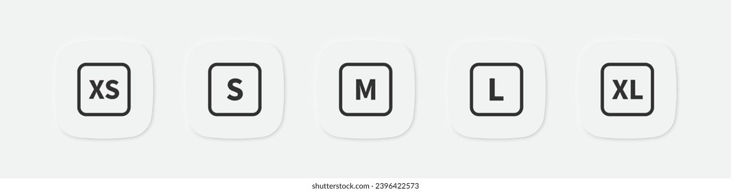 Size icon. XS, S, M, L, XL signs. Square symbol. Clothes tag icons. Vector isolated sign.