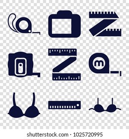 Size icons. set of 9 editable filled size icons such as measure tape, bra, tape, ruler, measure ruler