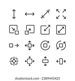 Size icons set. Measurement and resizing. Height, width, depth. Displays the dimensions of objects. Defining and adjusting the size. Black and white style