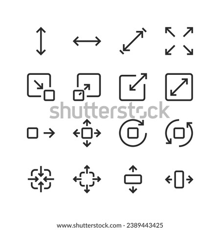 Size icons set. Measurement and resizing. Height, width, depth. Displays the dimensions of objects. Defining and adjusting the size. Black and white style