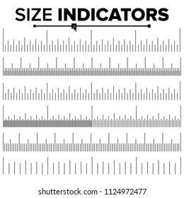 Vector de conjunto de indicadores de tamaño. Medida horizontal negra. Graduación del gobernante. Distancias de unidad diferentes. Ilustración aislada
