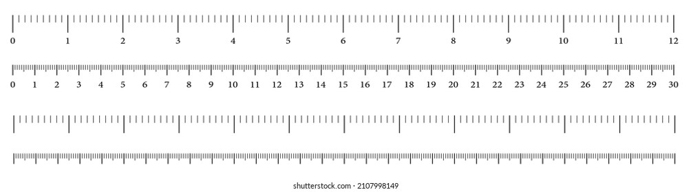 Size indicators measuring tool, ruler scale, precision measurement of ruler scale, centimeters and inches. Set of ruler 30 cm 12 inch on white background.