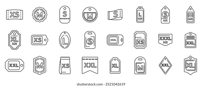 Ajuste os ícones de pano da etiqueta de tamanho. Conjunto de etiquetas de tamanhos de roupas com letras e números mostrando diferentes tamanhos de extrapequeno para extrapequeno