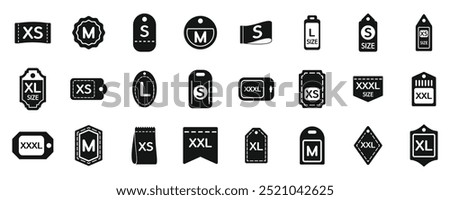 Size label cloth icons set. Clothes size tags icons set showing different sizes from extra small to extra extra large for clothes and accessories in simple style